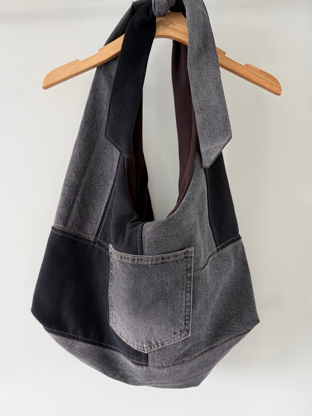 Handmade Upcycled Black Gray Patchwork Denim Hobo Shoulder Bag Adjustable Tie - Picture 2 of 7
